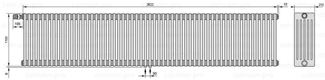 Схема (чертеж) Радиатор Zehnder Charleston 6110/57 №V007 Белый глянцевый RAL 9016